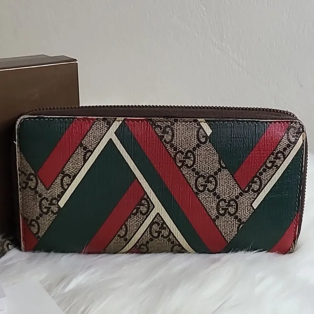 💯Authentic Gucci Round Zip Long Wallet GG Chevron Beige Green Red🍀 - Picture 3 of 16